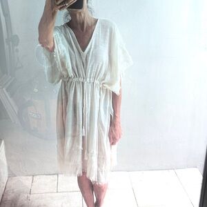 AERIE Drawstring layered fringe Swimsuit cover up Dress